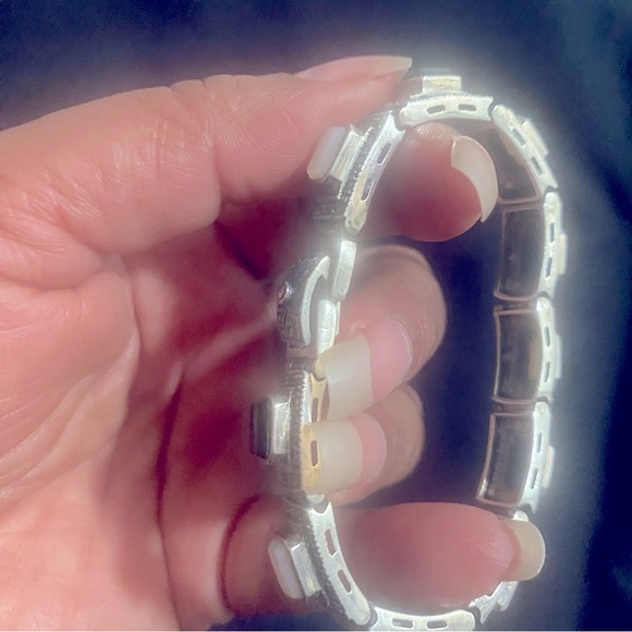 Vintage 925 Sterling Silver Marcacite Black Onyx & Mother of Pearl Bracelet - Picture 3 of 4